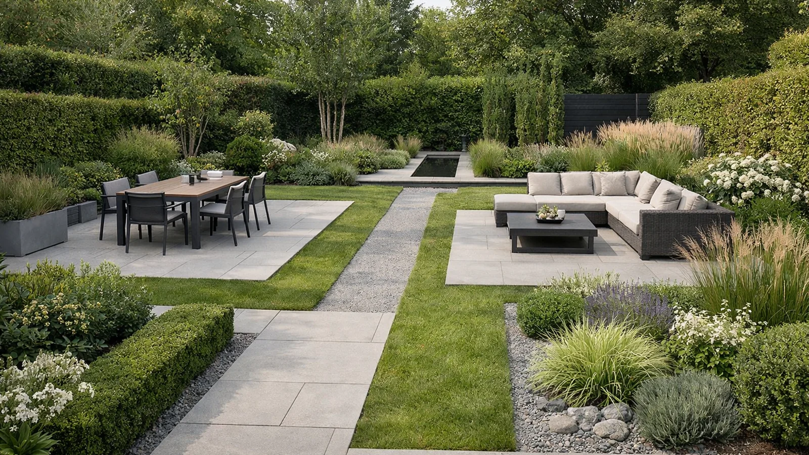 Ein klar strukturierter Garten mit definierten Zonen, geraden Wegen und ruhigen Flächen zeigt funktionale Planung ohne dekorative Überladung.