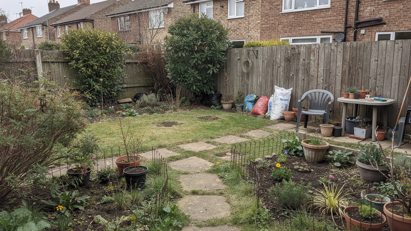 Ein kleiner Garten mit ungeordneter Raumaufteilung und fehlender Struktur, der optisch kleiner wirkt als notwendig.