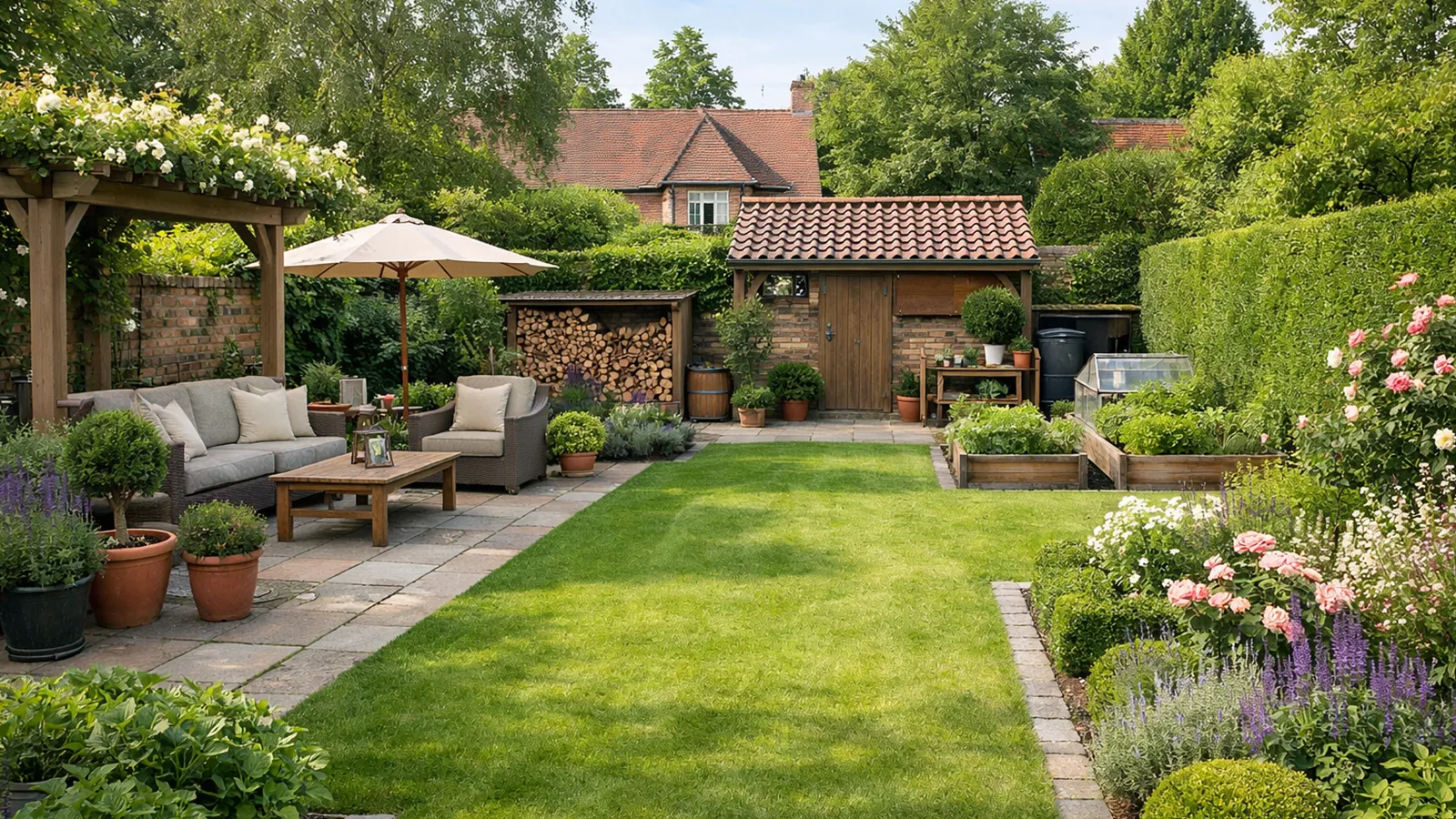 Ein logisch zonierter Garten mit klar getrennten Bereichen für Aufenthalt, Nutzung und Bepflanzung.