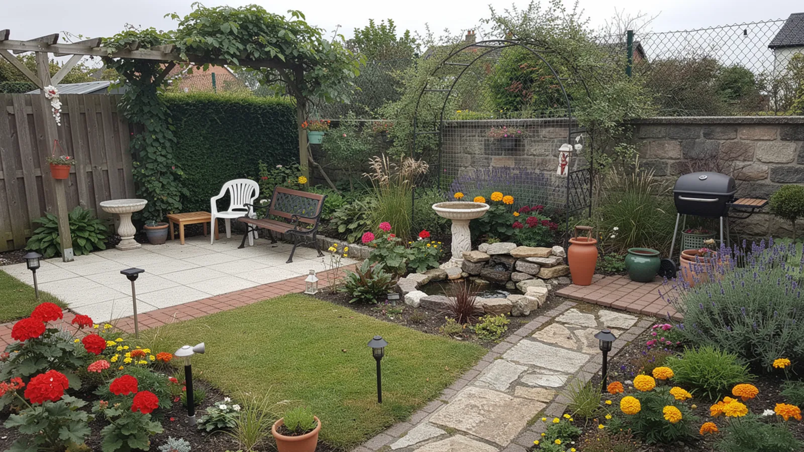 Ein Garten mit zu vielen gleichwertigen Gestaltungselementen wirkt unruhig und ohne klare visuelle Ordnung.