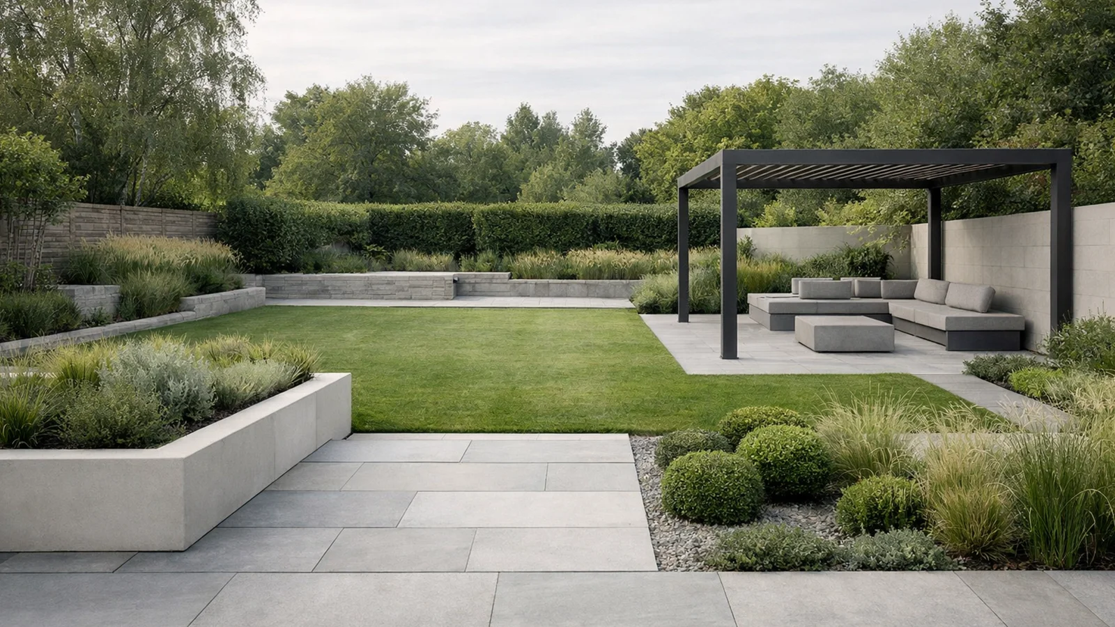 Funktionale Gartengestaltung mit klarer Struktur, großzügiger Rasenfläche und moderner Pergola