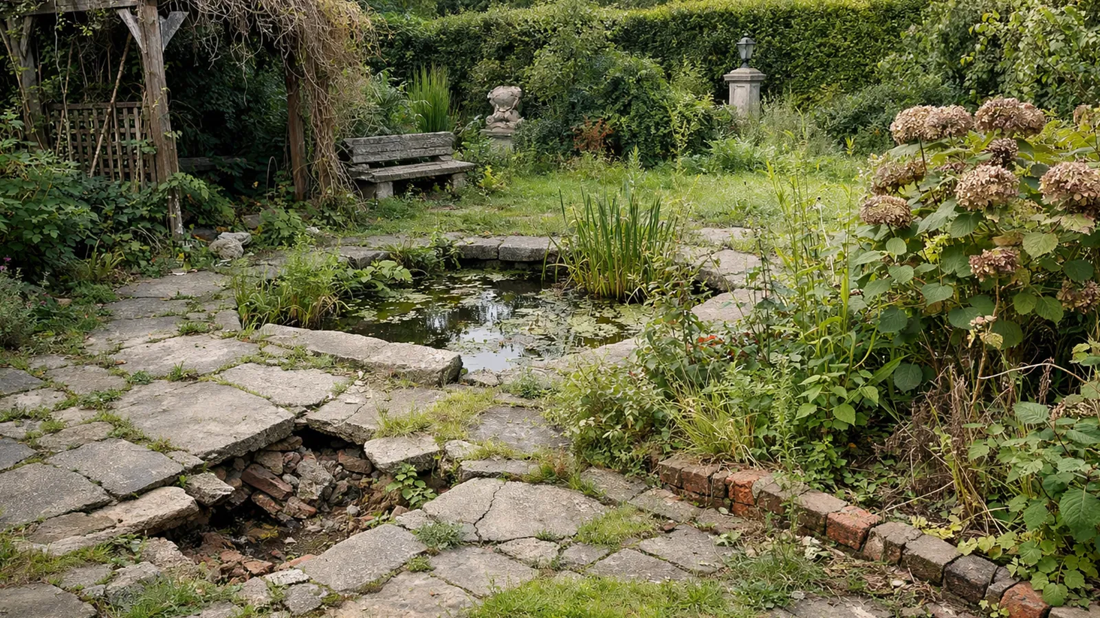 Ein Gartenbereich, der durch fehlende Pflegeabstimmung an Struktur und Qualität verloren hat.