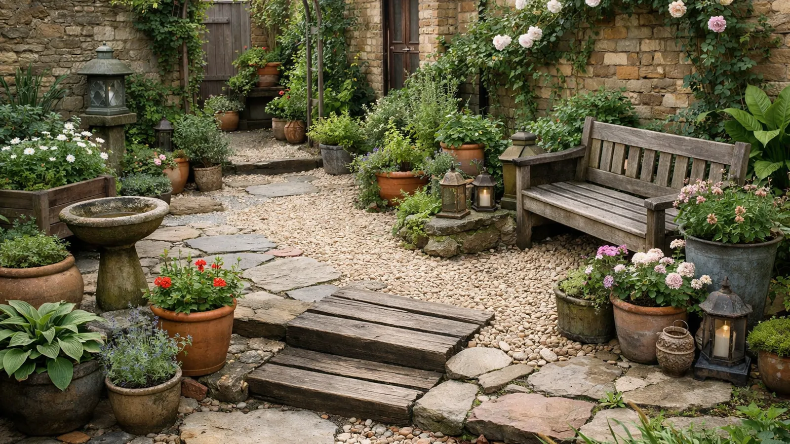 Ein kleiner Garten mit mehreren unterschiedlichen Materialien und Belägen, der dadurch visuell zergliedert wirkt.