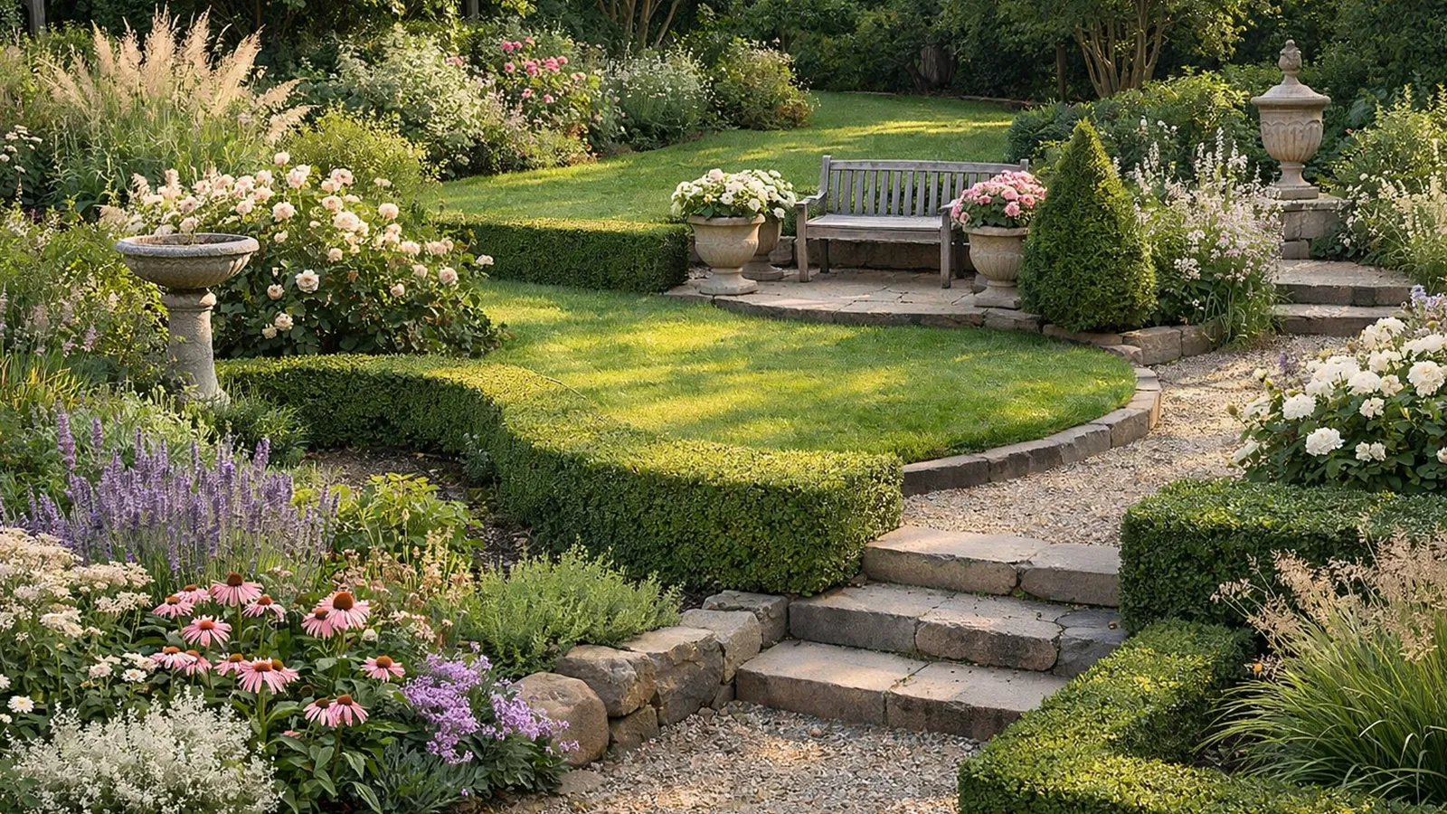 Gartenbereiche mit klar erkennbaren, aber weichen Übergängen durch Pflanzen und Höhenunterschiede.