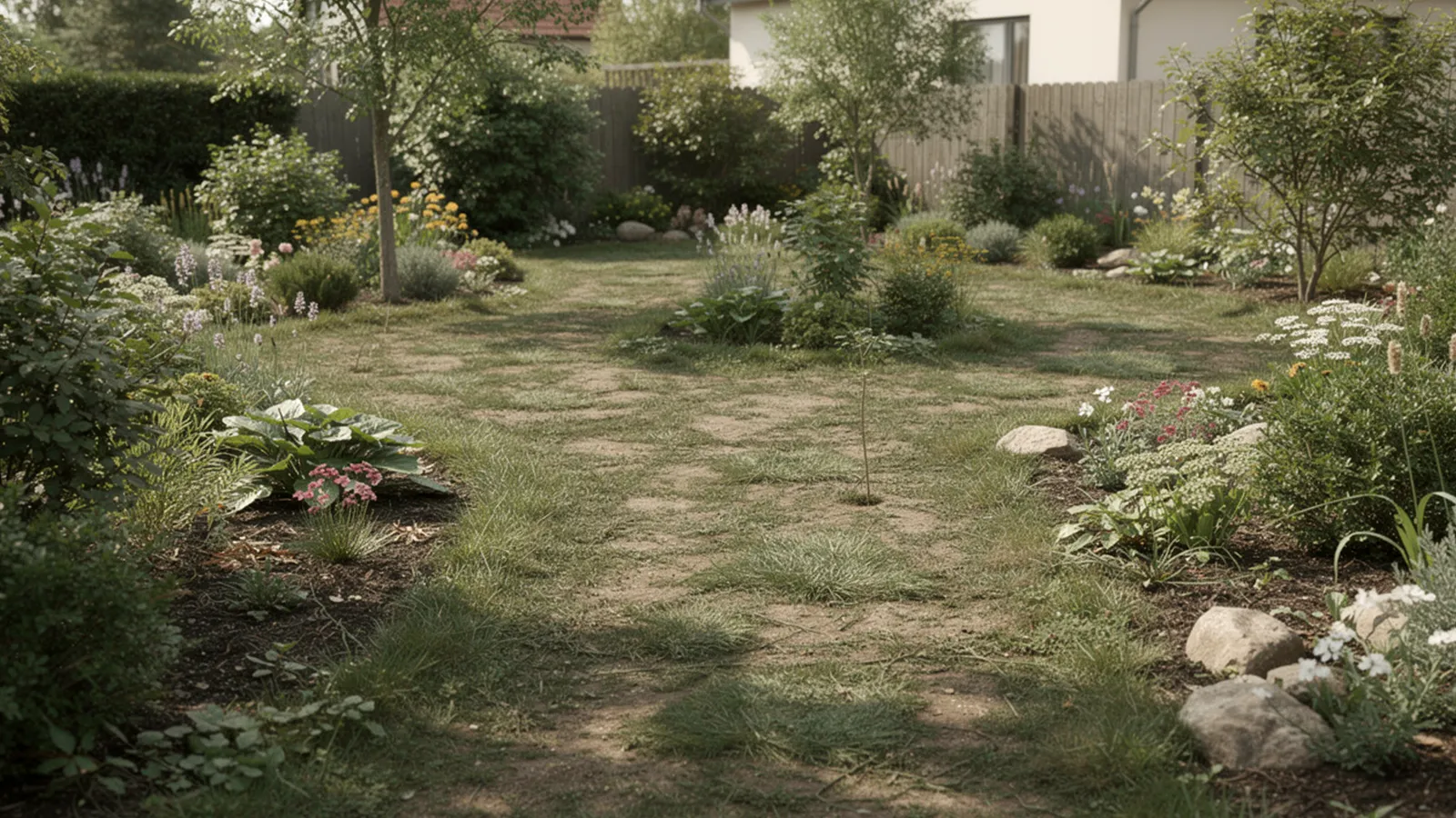 Ein Garten mit unklarer Wegeführung, bei der informelle Trampelpfade die geplante Struktur ersetzen.