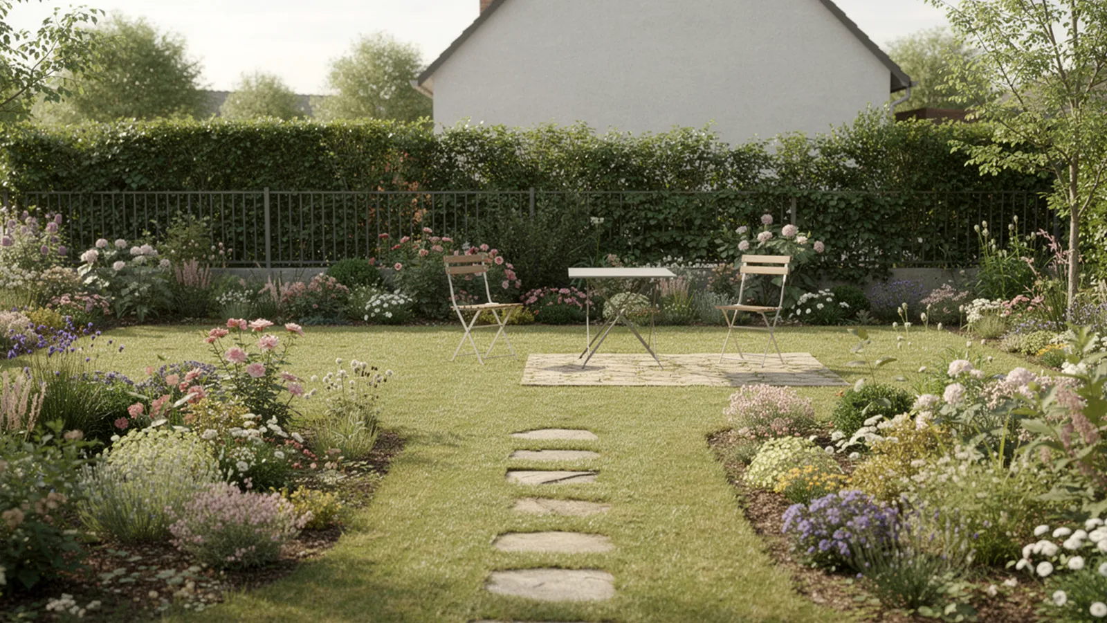 Ein kleiner Garten ohne Höhenunterschiede, der flach wirkt und kaum räumliche Tiefe besitzt.