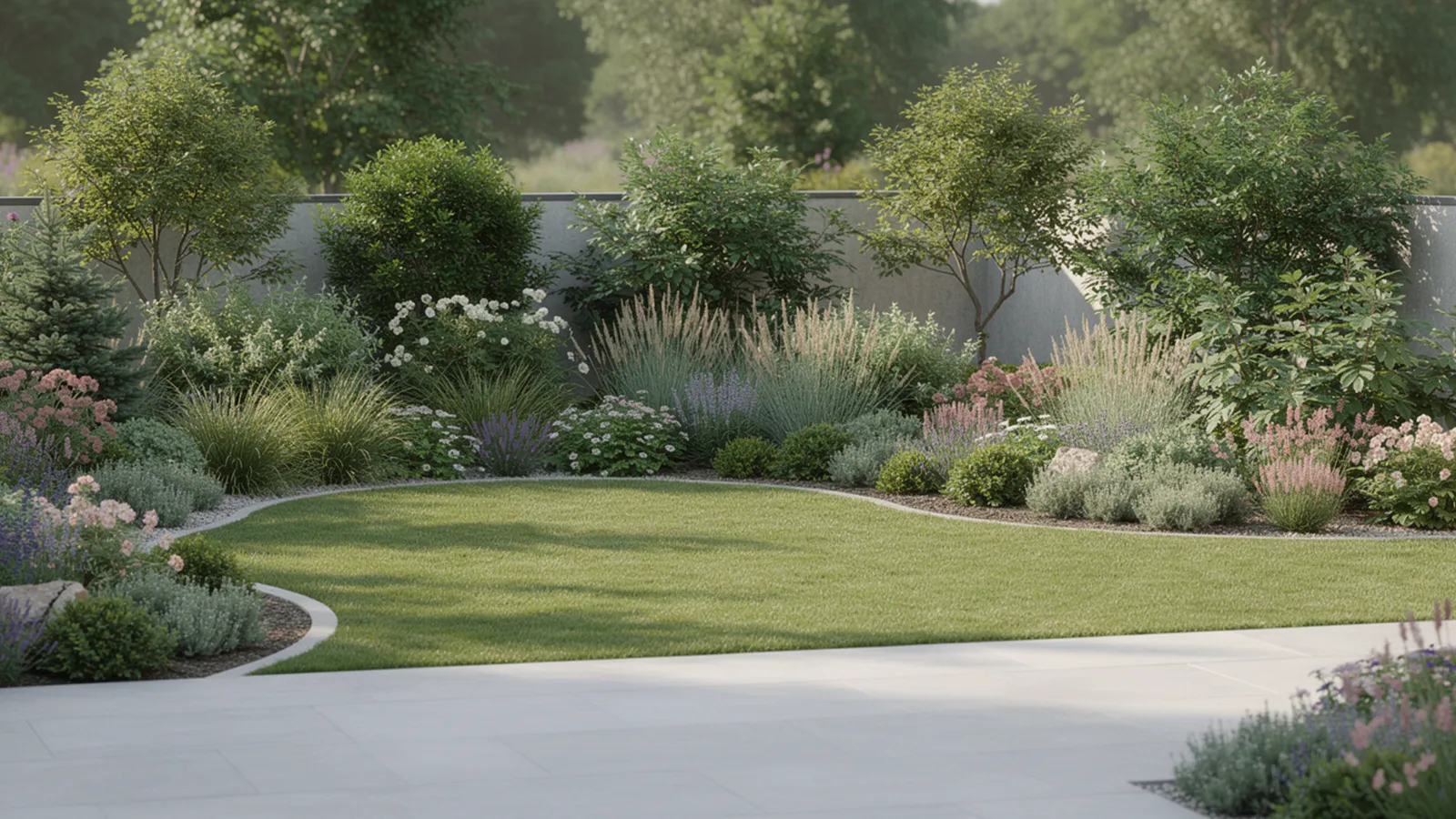 Übergangszonen zwischen Terrasse, Rasen und Pflanzflächen, die Bewegungen lenken und Nutzungskonflikte abfedern.