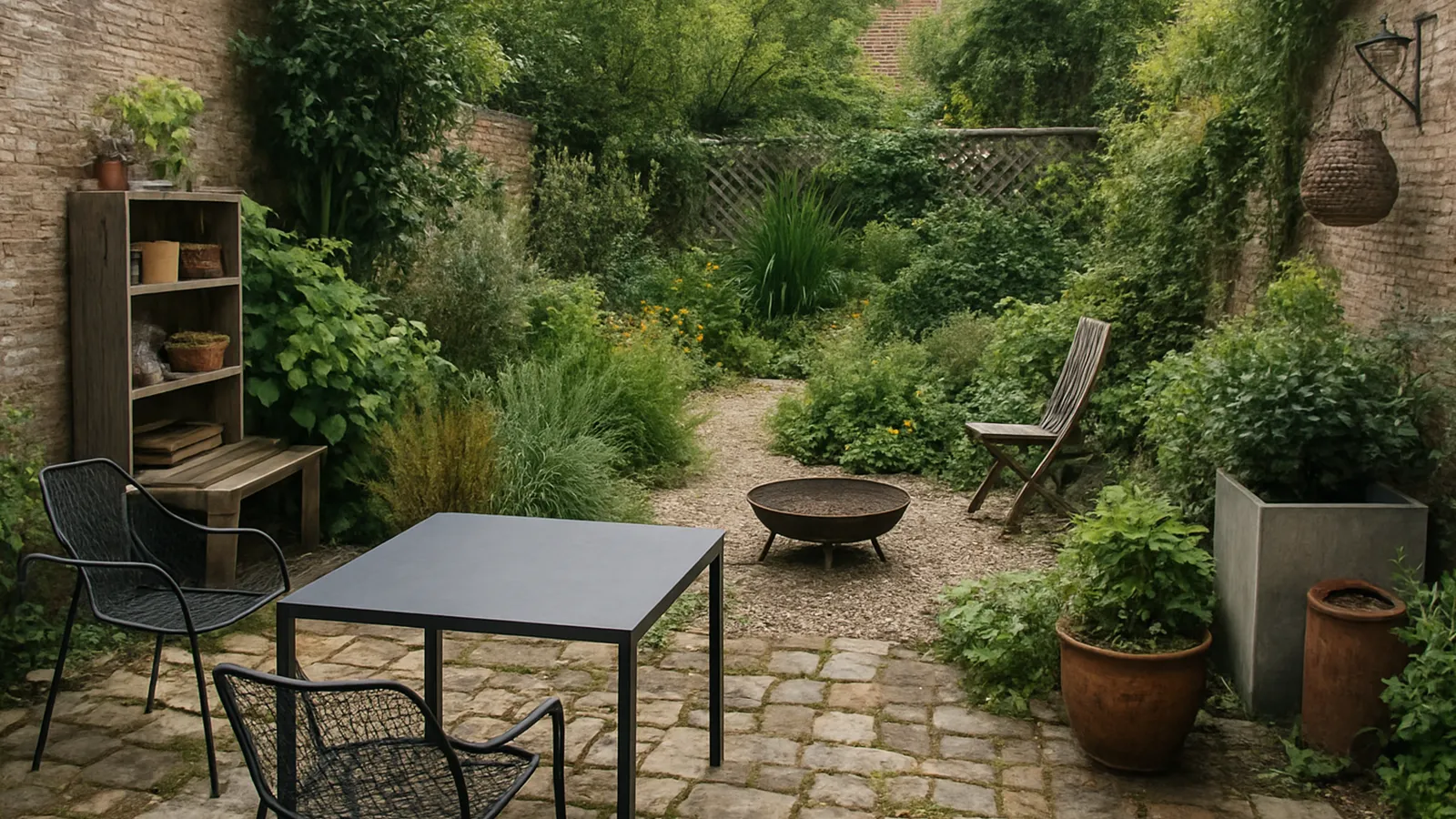 Ein kleiner Garten mit mehreren unkoordinierten Gestaltungsideen ohne erkennbares Gesamtkonzept.