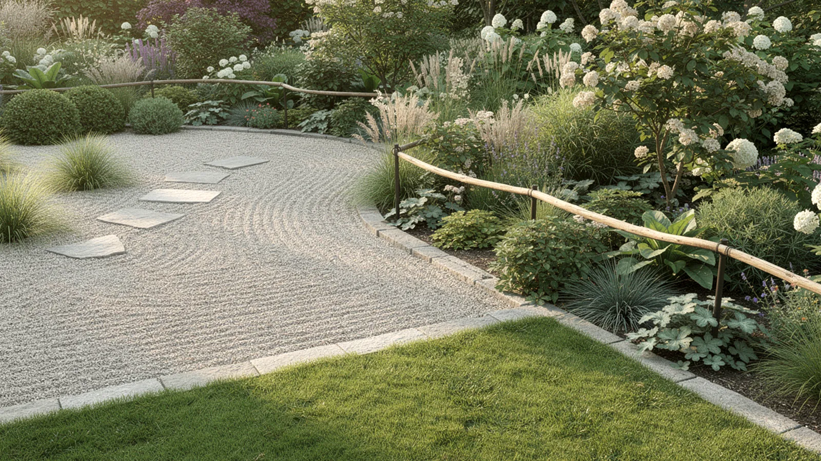 Garten mit Zonen unterschiedlicher Pflegeintensität, von pflegeleicht bis aufwendig bepflanzt.