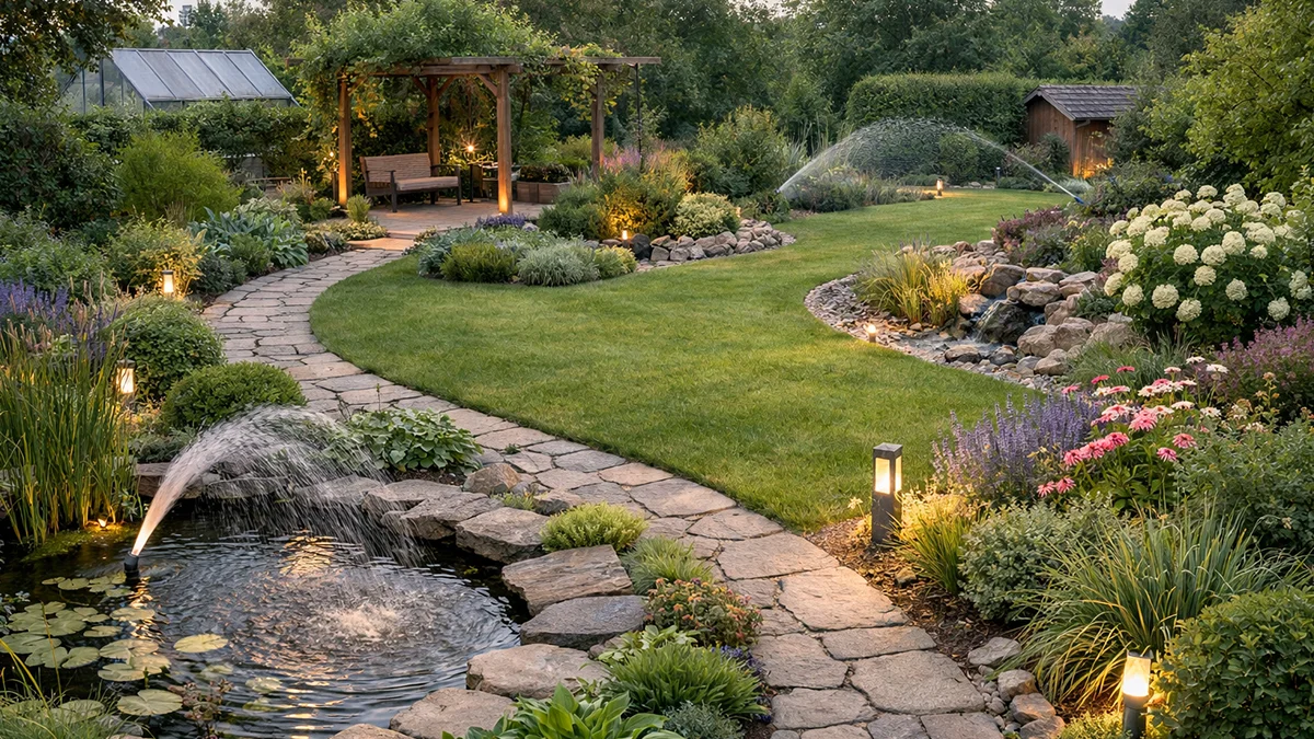 Ein gewachsener Garten mit klaren Übergängen, integrierter Technik und stabiler Struktur zeigt vorausschauende Planung.