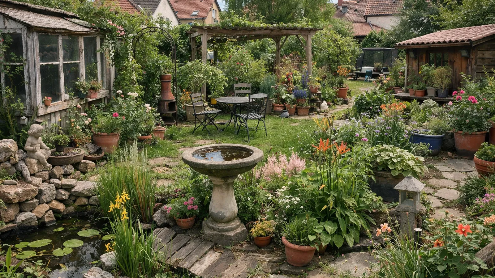 Ein Garten ohne klare Blickführung, in dem viele Gestaltungselemente visuelle Unruhe erzeugen.