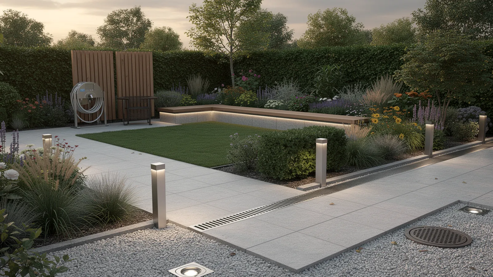Gartenzonen mit integrierten technischen Elementen wie Beleuchtung, Wasseranschlüssen und klarer Funktionszuordnung.