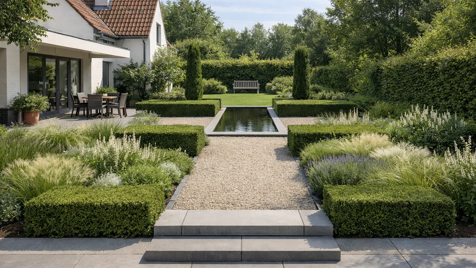 Ein reduzierter Garten mit klarer Struktur wirkt ruhig und ist langfristig pflegeleicht.