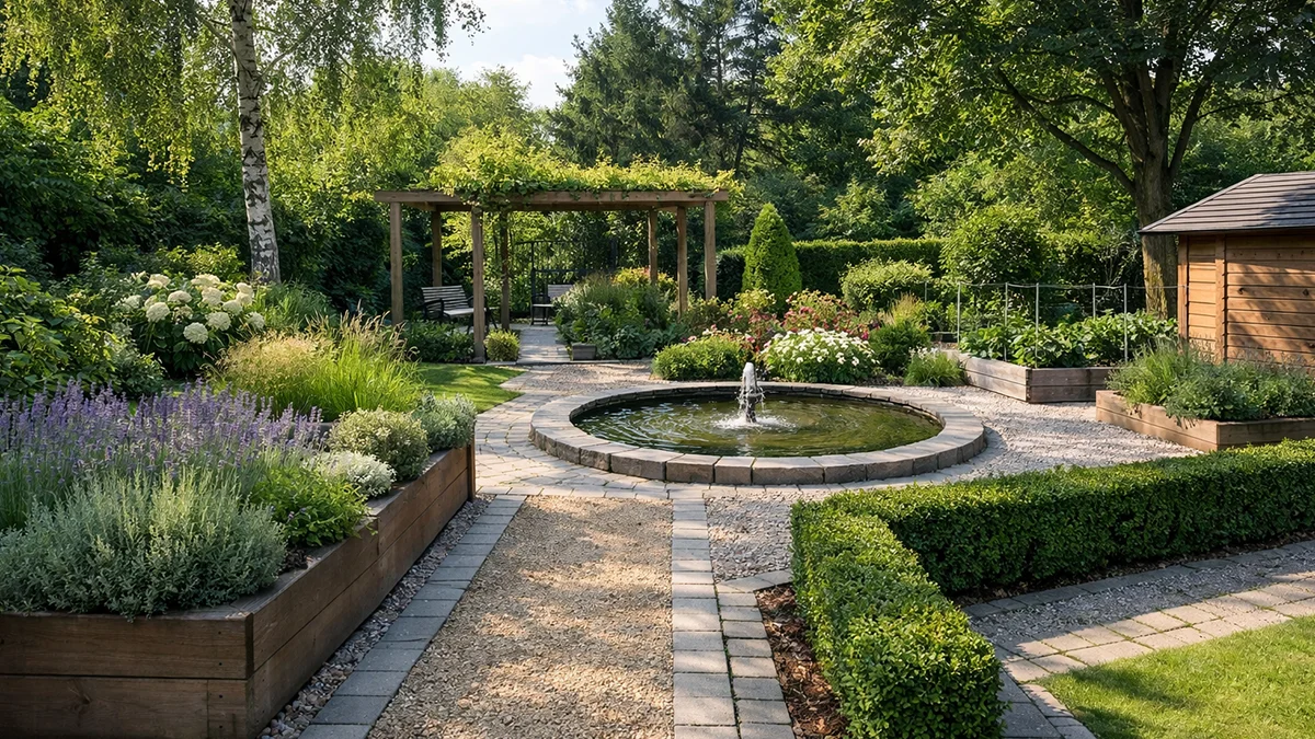 Ein funktional geplanter Garten mit gut erreichbaren Pflegewegen, ausgewogenen Lichtverhältnissen und klarer Struktur zeigt nachhaltige Planung.